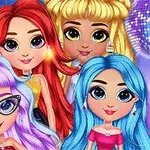 カラフルな髪の4人のキャラクターがダンスフロアの背景でポーズを取っている。