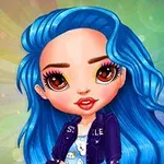 青い髪のアニメ風キャラクターが色とりどりの背景の前で微笑んでいる。