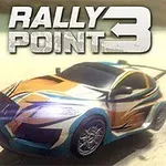砂浜を走るカラフルなラリーカーとタイトルロゴ。