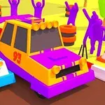 カラフルなアニメ風の車がレーストラックを走行しており、紫色の観客が応援している。