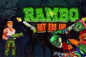 緑色のテキスト「RAMBO HIT EM UP」と、武器を持ったキャラクターがゾンビと対峙しているイラスト。