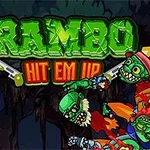 緑色のテキスト「RAMBO HIT EM UP」と、武器を持ったキャラクターがゾンビと対峙しているイラスト。