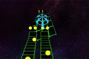 宇宙空間を背景に、緑色の線で描かれた階段状の道と、青い球体と複数の黄色いボールのあるシーン。