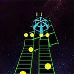 宇宙空間を背景に、緑色の線で描かれた階段状の道と、青い球体と複数の黄色いボールのあるシーン。