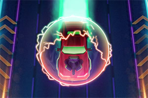 青いトラックで光のバリアに包まれた赤い車。