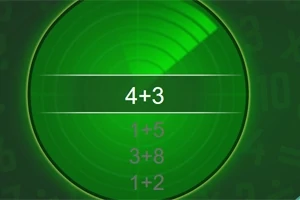 緑色のレーダースクリーン上に「4+3」という数式が表示されている画像。