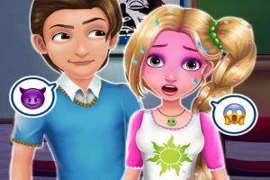教室で驚いた表情をしたピンク色の顔の女の子と、彼女を見ている笑顔の男の子。