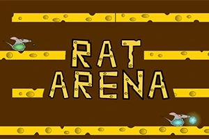 茶色の背景に黄色の文字で「RAT ARENA」と書かれており、両側には緑色のボールを持ったネズミのイラストがある。