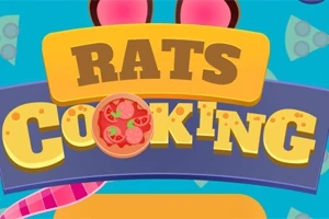 カラフルな背景に「RATS COOKING」という文字が描かれたイラストで、文字の一部にピザのデザインが取り入れられている。