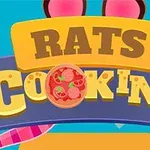 カラフルな背景に「RATS COOKING」という文字が描かれたイラストで、文字の一部にピザのデザインが取り入れられている。