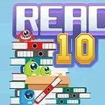 積み重ねられたファイルとカラフルなクリーチャー、ペンが入ったカップ、「REACH 10」と書かれた文字。