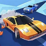 黄色と黒のストライプが入ったスポーツカーが青い道を走っており、後ろに青い車があります。