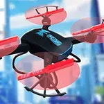 赤いプロペラを持つ黒いドローンが空中に浮かんでいる。