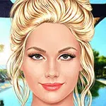 金髪の女性がプールサイドで微笑んでいるイラスト。