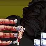 巨大な人影の前で、マニキュアが塗られた指で小さなキャラクターをつまんでいる様子と氷のブロックの積み重ね。