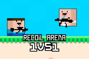 青い背景に、ブロック状のキャラクターが銃を構えて対戦しているピクセルアート風のイラスト。