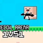 青い背景に、ブロック状のキャラクターが銃を構えて対戦しているピクセルアート風のイラスト。