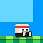 青い背景に緑の地面の上で赤いヘッドバンドを着けたキャラクター。