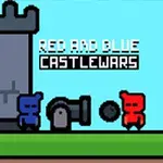 青いキャラクターと赤いキャラクターが城と大砲の横に立っている。