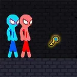 青と赤のキャラクターが光る鍵と目のモチーフが描かれた扉の前に立っている。