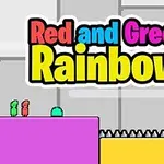 カラフルなブロックの上に立つ赤と緑のキャラクター、背景に「Red and Green Rainbow」という文字。