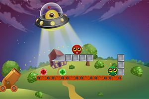 UFOが空を飛ぶ夜の風景、中央に赤く輝くキャラクター、緑のキャラクター、そして発射される大砲。