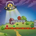 UFOが空を飛ぶ夜の風景、中央に赤く輝くキャラクター、緑のキャラクター、そして発射される大砲。