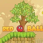 木の下に笑顔の赤いボールがあり、背後には金色のコインとオレンジの旗が見えるシーン。