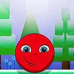 赤い丸いキャラクターが、背景に抽象化された緑の木が描かれたシーンにいる。