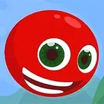 赤い丸いキャラクターが笑顔で浮かんでいる。