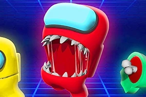 赤いキャラクターが大きな口を開けている様子が、黄色いキャラクターと緑色のキャラクターの間に描かれている。