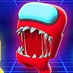 赤いキャラクターが大きな口を開けている様子が、黄色いキャラクターと緑色のキャラクターの間に描かれている。