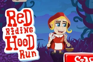 森の背景に立つ赤い頭巾をかぶったキャラクターと大きな「Red Riding Hood Run」の文字。