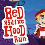 森の背景に立つ赤い頭巾をかぶったキャラクターと大きな「Red Riding Hood Run」の文字。