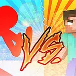 赤いスティックフィギュアとドット絵スタイルのキャラクターが対峙し、中央に「VS」と描かれたイラスト。
