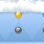 雲の下にカラフルなボタンが並ぶ青い背景のデザイン。