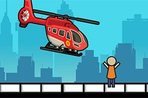 赤いヘリコプターが青い空の下、シルエットの街並みを背景にして、小さな人物キャラクターが手を挙げている。