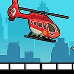 赤いヘリコプターが青い空の下、シルエットの街並みを背景にして、小さな人物キャラクターが手を挙げている。