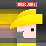 黄色いヘルメットを被った人物の横顔イラストと「RESCUERS」の文字。