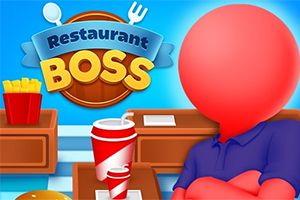 赤い顔のキャラクターが前に座っており、背景には「Restaurant Boss」と書かれた看板とフライドポテトやドリンクがある。