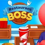 赤い顔のキャラクターが前に座っており、背景には「Restaurant Boss」と書かれた看板とフライドポテトやドリンクがある。