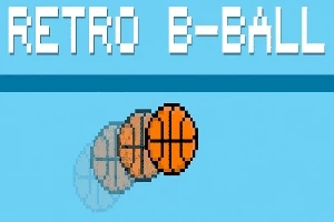青い背景に「RETRO B-BALL」と書かれたテキストと、移動中のバスケットボールのピクセルアート。