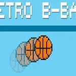 青い背景に「RETRO B-BALL」と書かれたテキストと、移動中のバスケットボールのピクセルアート。
