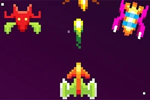 ピクセルアートスタイルで描かれたスペースシップとエイリアンキャラクターの画像。