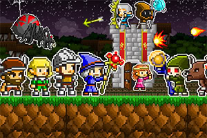 ドット絵のキャラクターたちが夜空の下で立っており、城の前で蜘蛛を含む敵と対峙している。