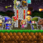 ドット絵のキャラクターたちが夜空の下で立っており、城の前で蜘蛛を含む敵と対峙している。