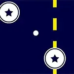 青い背景に、白い円と星がある記号、黄色の線、左側に白い長方形のバー、中央に小さな白い円が配置されています。