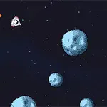 宇宙空間に漂う複数の小惑星と、三角形の宇宙船が描かれているピクセルアート。