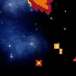 宇宙空間に赤と白の小型宇宙船と隕石、発射された弾丸が描かれたピクセルアートスタイルの画像。