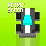緑色の背景に、中央に青いフロントガラスを持つ黒と白のレトロなカーレースカーが描かれている。